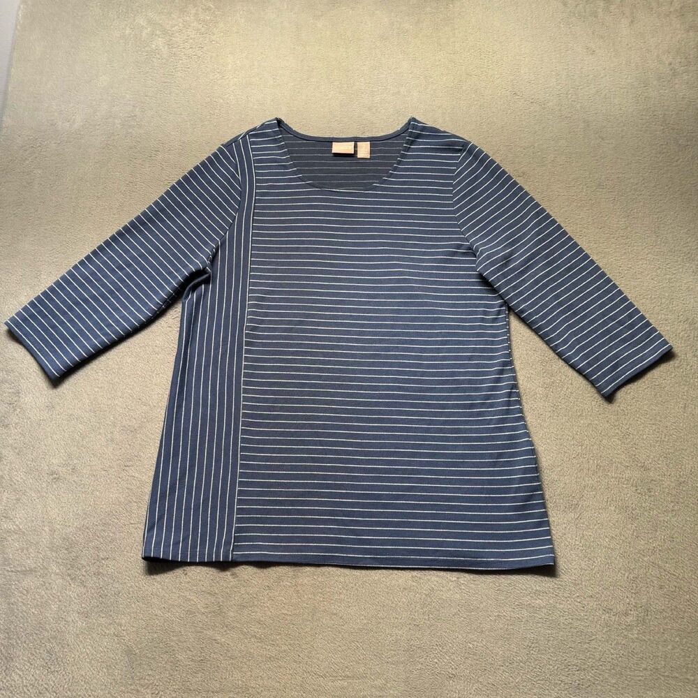 Chicos Womens 2 US L Blue White Striped 3/4 Sleeve Tunic Top Knit Casual EUC